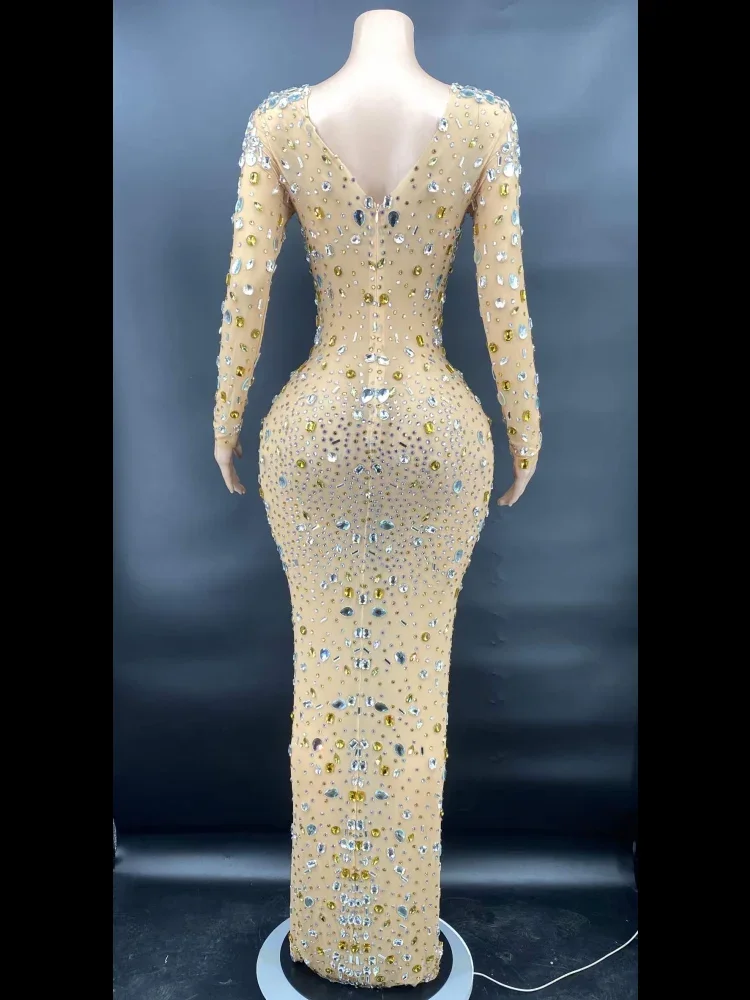 Long Sleeves Gold Shining Crystal Rhinestones Sexy Dress For Women Evening Party Club Clothing Ballroom Dancing Costumes