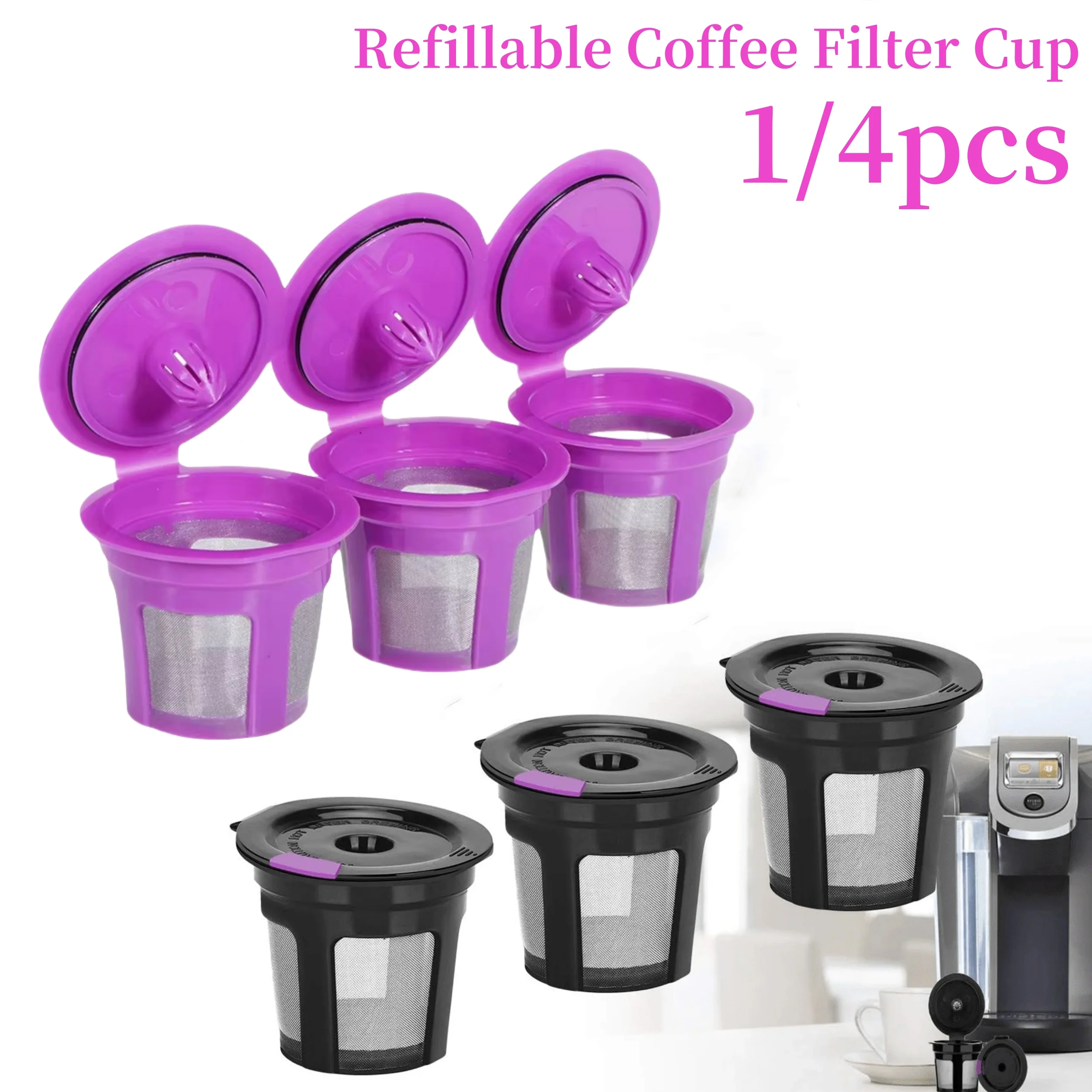 1/4Pcs Reusable Coffee Filter Cup Stainless Micro Mesh Coffee Pod Filled Capsule Kit Compatible With Keurig 2.0 1.0 Mini Plus