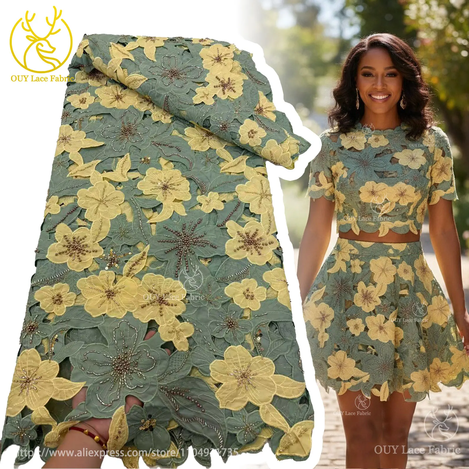 

5 Yards Delicate African Beaded Embroidery Lace Fabric 2025 France Dubai Sequin Lace Fabric For Short Dresses High End Material