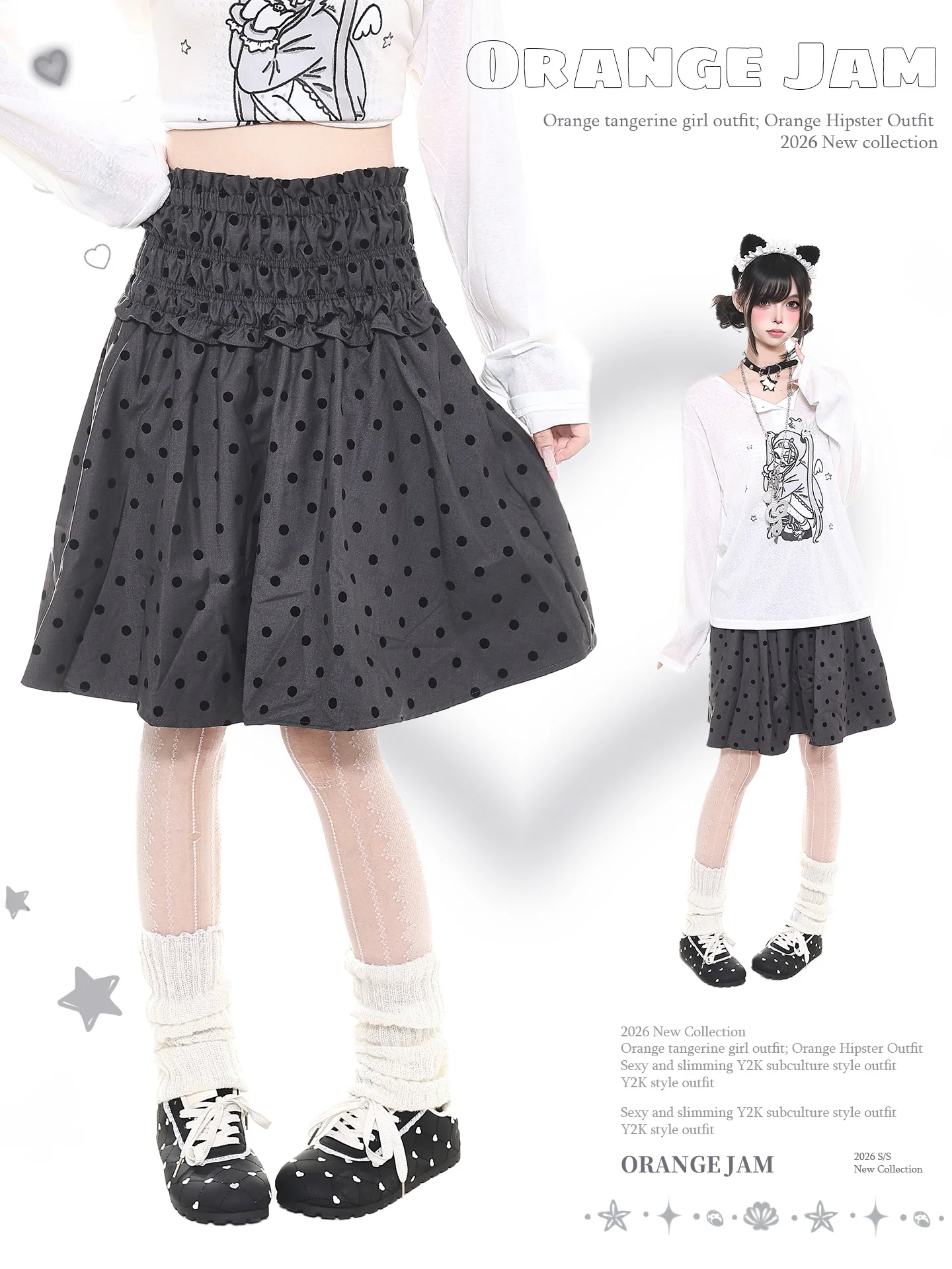 Grey Polka Dot A-Line Midi Skirt Orange Marmalade Versatile Daily High Waist Pleated Student Commuter Casual Travel Skirt