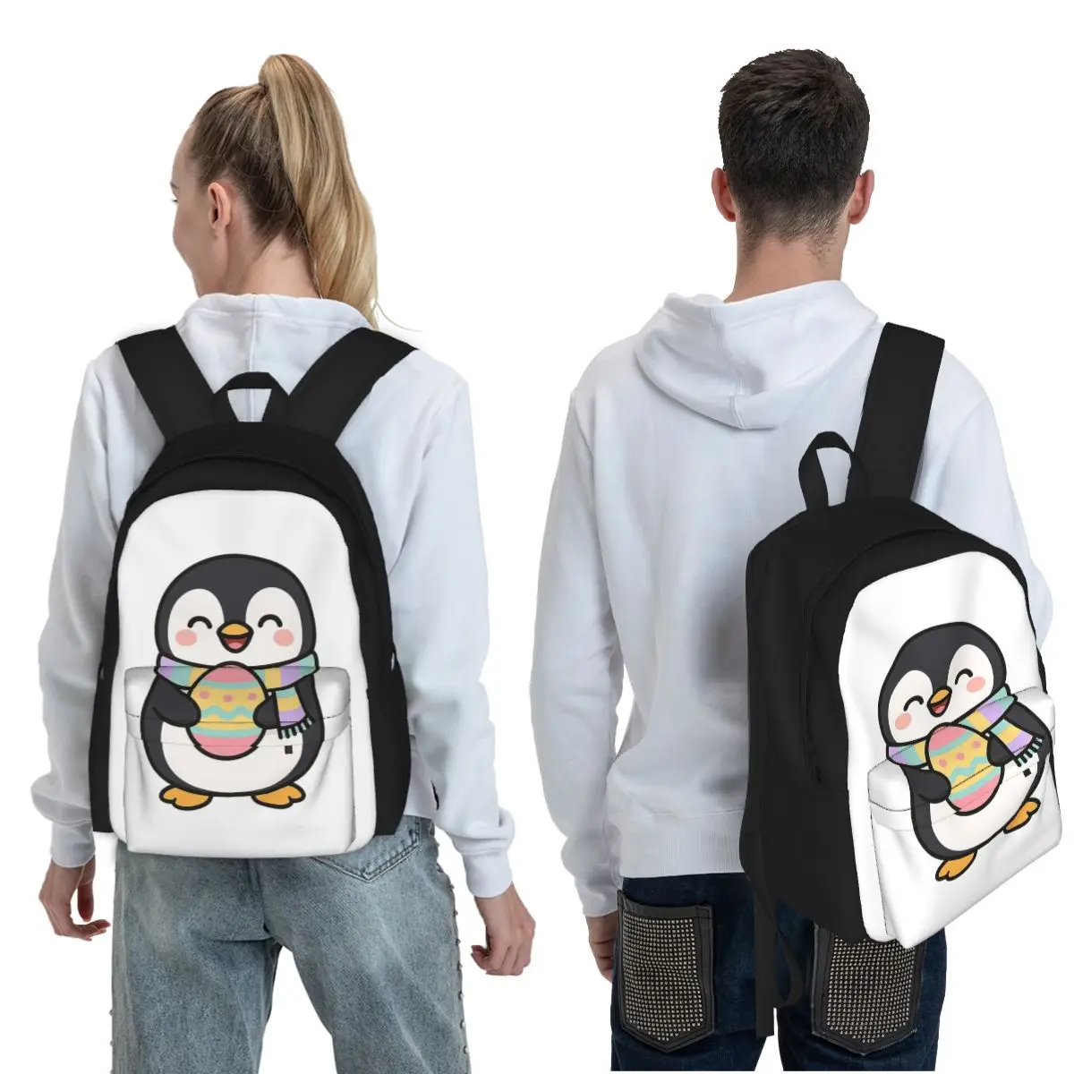 Happy Penguin Holding Easter Egg Student Backpack School Bag Hiking Travel Daypack for Men Women Fashion Bookbag Shoulder Bags
