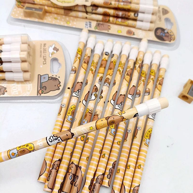 12-Piece Cute Cartoon Capybara HB Pencil Set With Pencil Sharpener – Ideal Stationery Gift For School Students