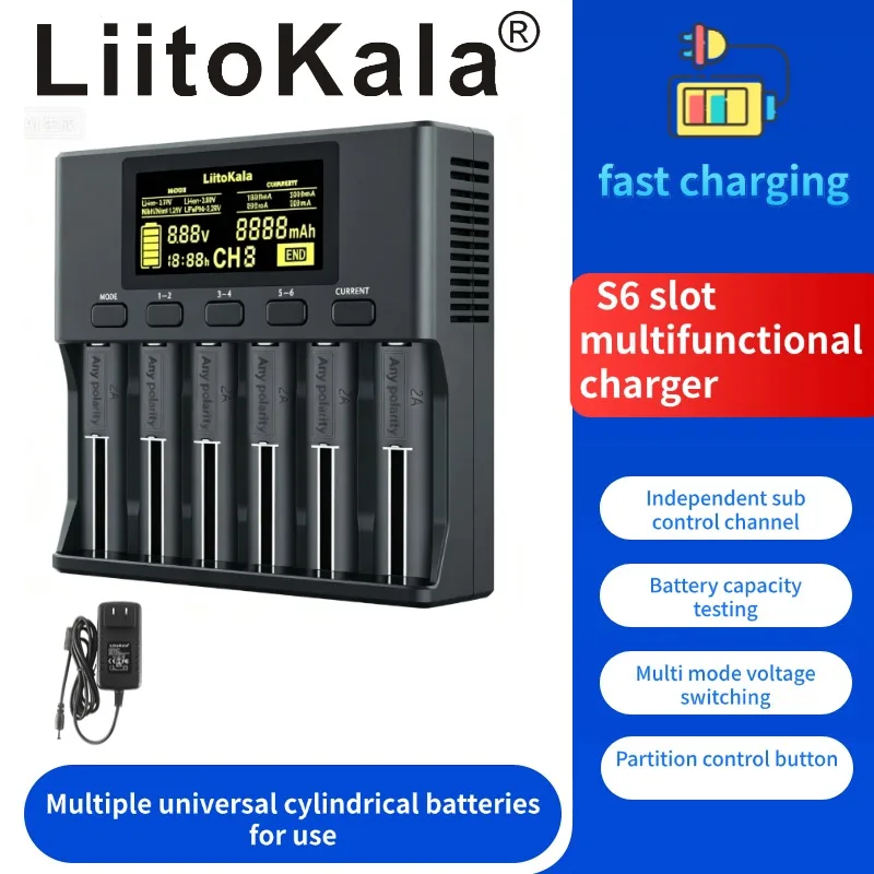 LiitoKala Lii-S6 18650 Battery Charger 6-Slot Auto-Polarity Detect for 26650 21700 14500 10440 16340 Compatible with 1.2V 3.7V