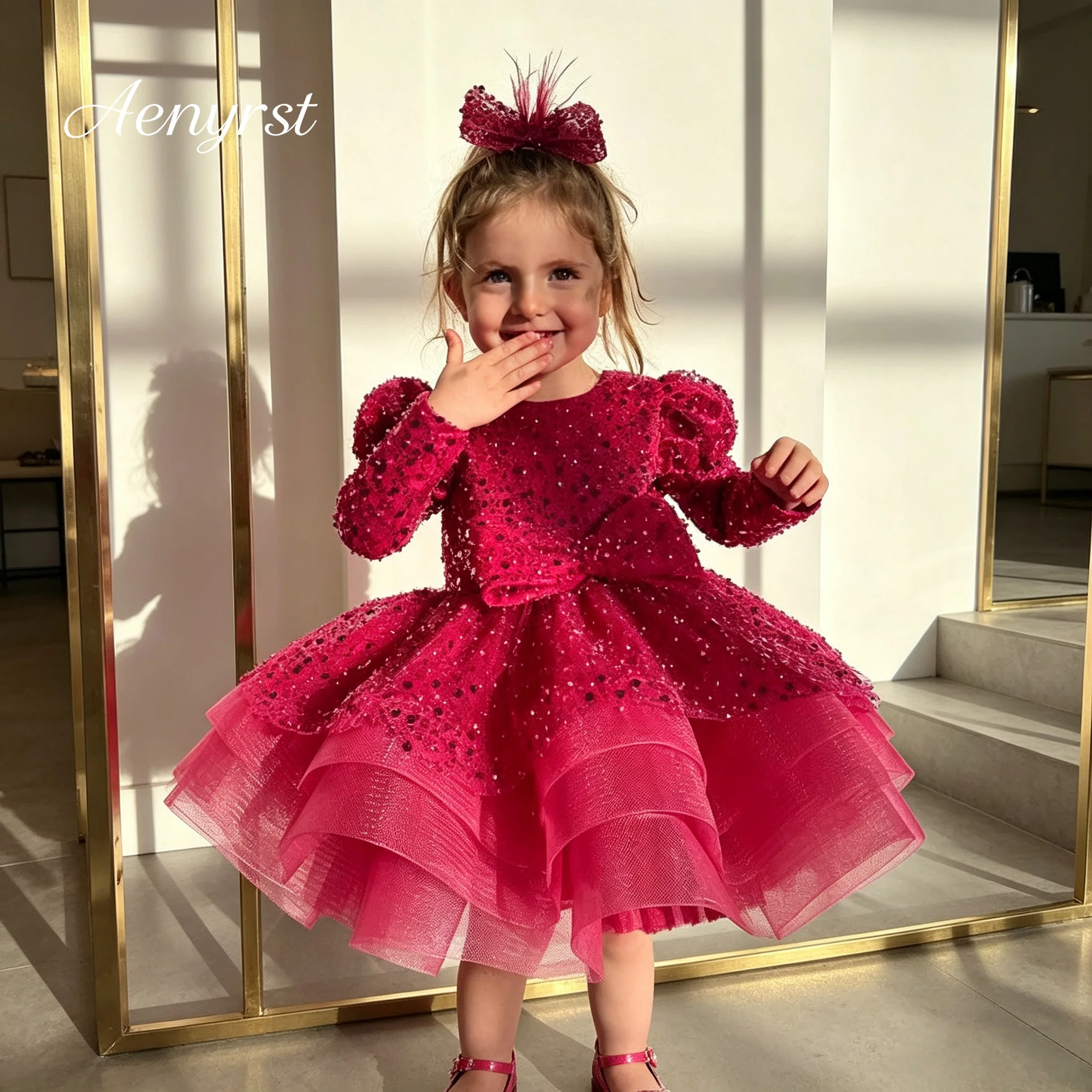 Glamorous Sequin Kids Formal Gown Round Neck Puff Long Sleeve Big Bow Multi‑Ruffle Tulle Short Dress For Birthday Party