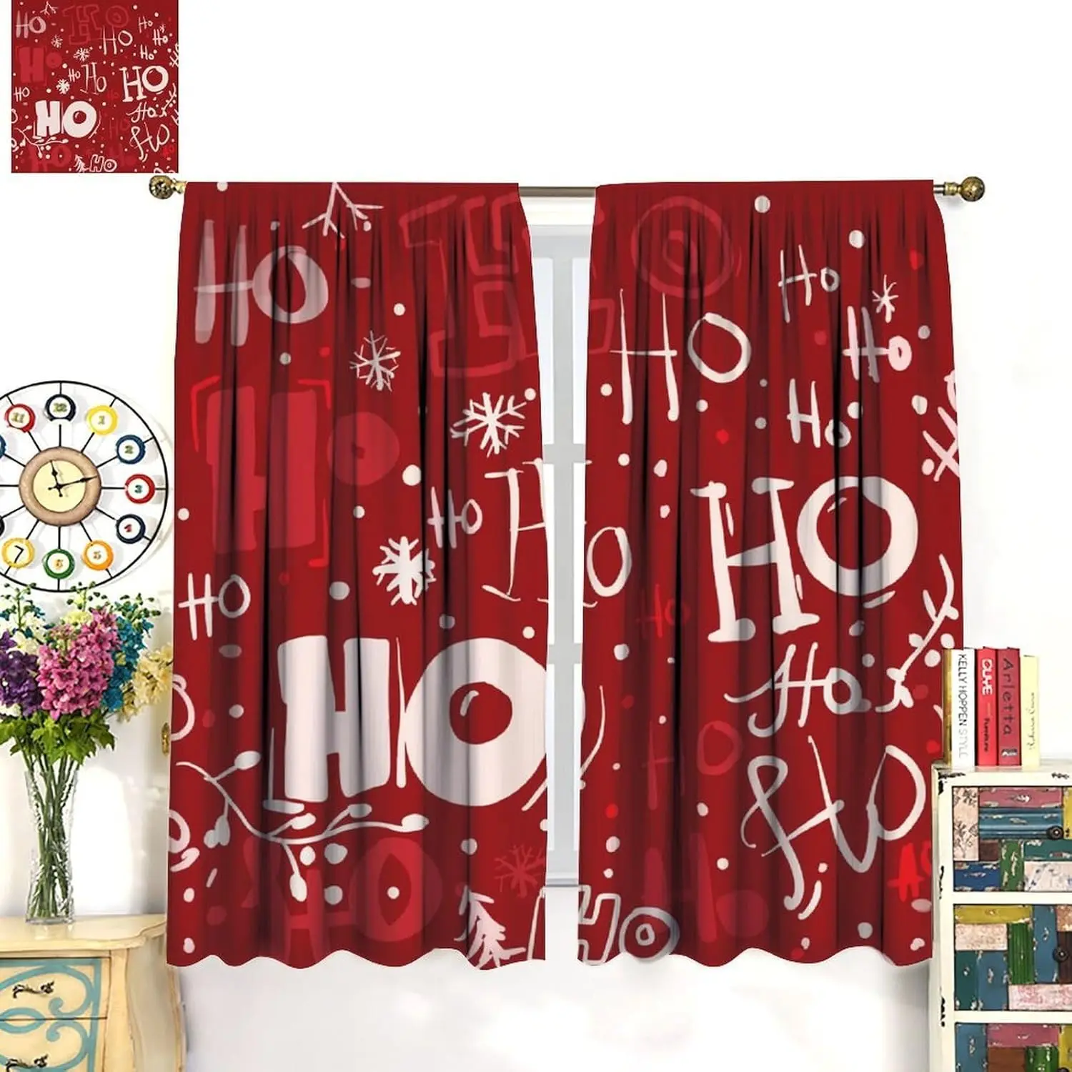 크리스마스 커튼, 산타클로스 웃음소리 '호호호' 패턴 창문 장식, 로드 포켓 단열 커튼 세트 (겨울용)