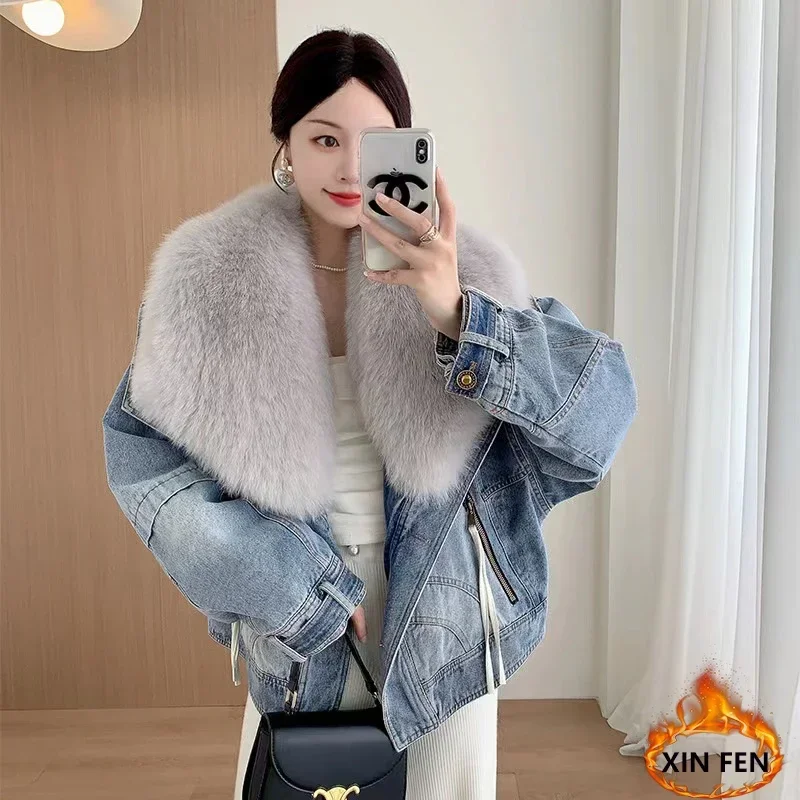 European 2023 Winter New Luxury Fox Fur Big Fur Collar Denim Down Jacket Short Casual White Goose Down Warm Women Jacket  Parka