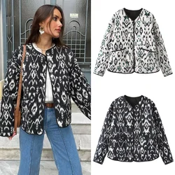 2024 Autumn/Winter New Product Women's Casual Round Neck Retro Printed Quilted Jacket Lightweight Cotton Coat