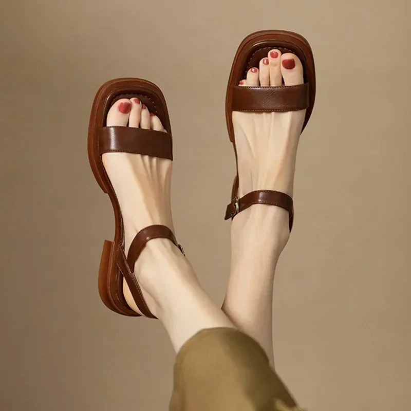 Summer Flat Sandals Women Ankle-Wrap Open Toe Square Low Heel Shoes Slingback Anti-slip Soft Sole Sandals Sandalias De Mujer