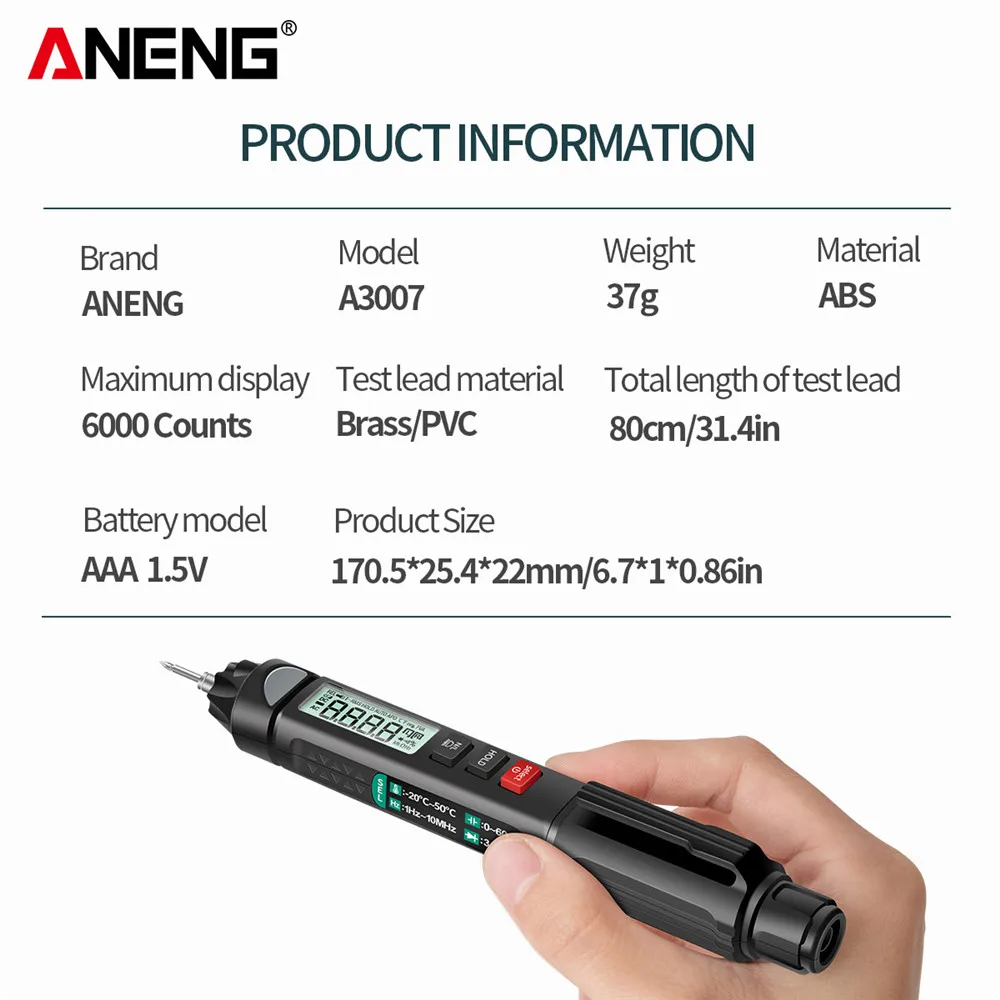 ANENG A3007 6000 Counts Digital Professional Multimeter Pen AC/DC Voltage Meter Zero Fire Detector Capacitance Diode Ohm Tester - Image 6