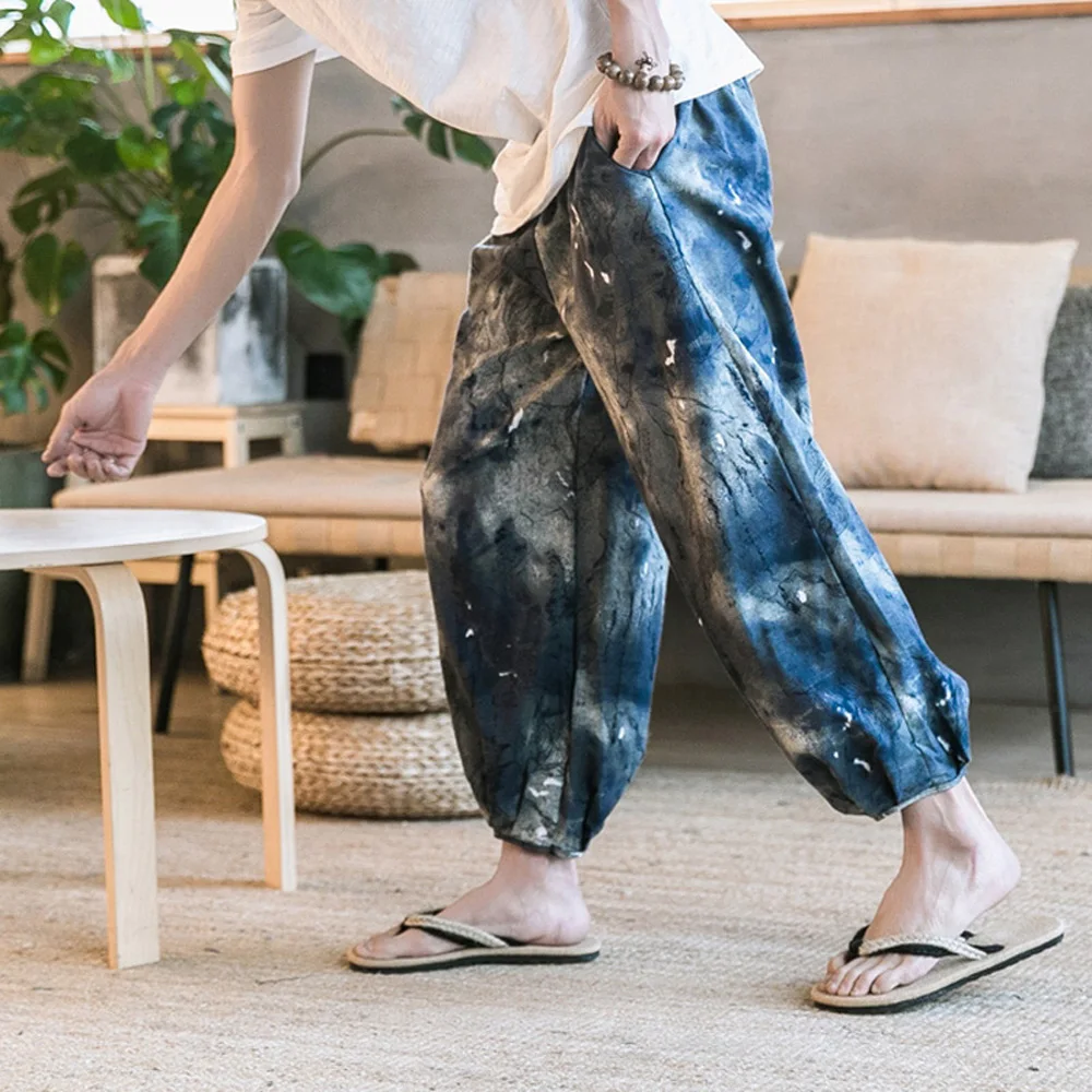 Pantalones de lino y algodón con estampado étnico para hombre, bombachos de pierna ancha, ropa de verano