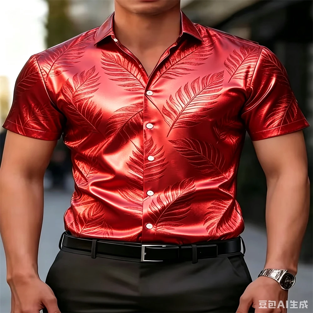2026 Men's Shiny  Palm Leaf Print Short Sleeve Shirt Slim Fit Lapel Button Down Tops Night Party  Stage  Men Clothing