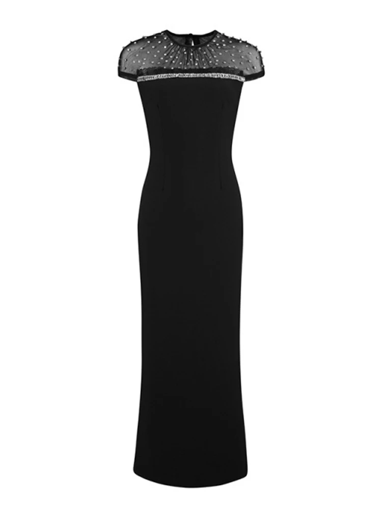 Women's Elegant Formal Evening Dress for Woman Sexy Black Glitter Sheer Mesh Splice Bodycon Long Porm Robe Party Dance Vestidos