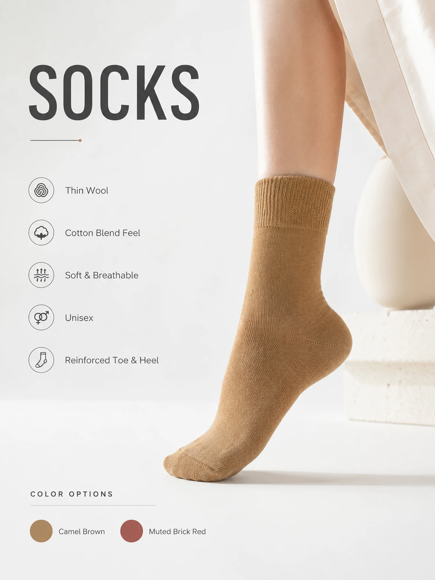 1/2/4 Pairs Unisex Thin Wool Cotton Blend Mid Calf Crew Socks Soft Breathable Reinforced Toe Heel Solid Color Women Daily