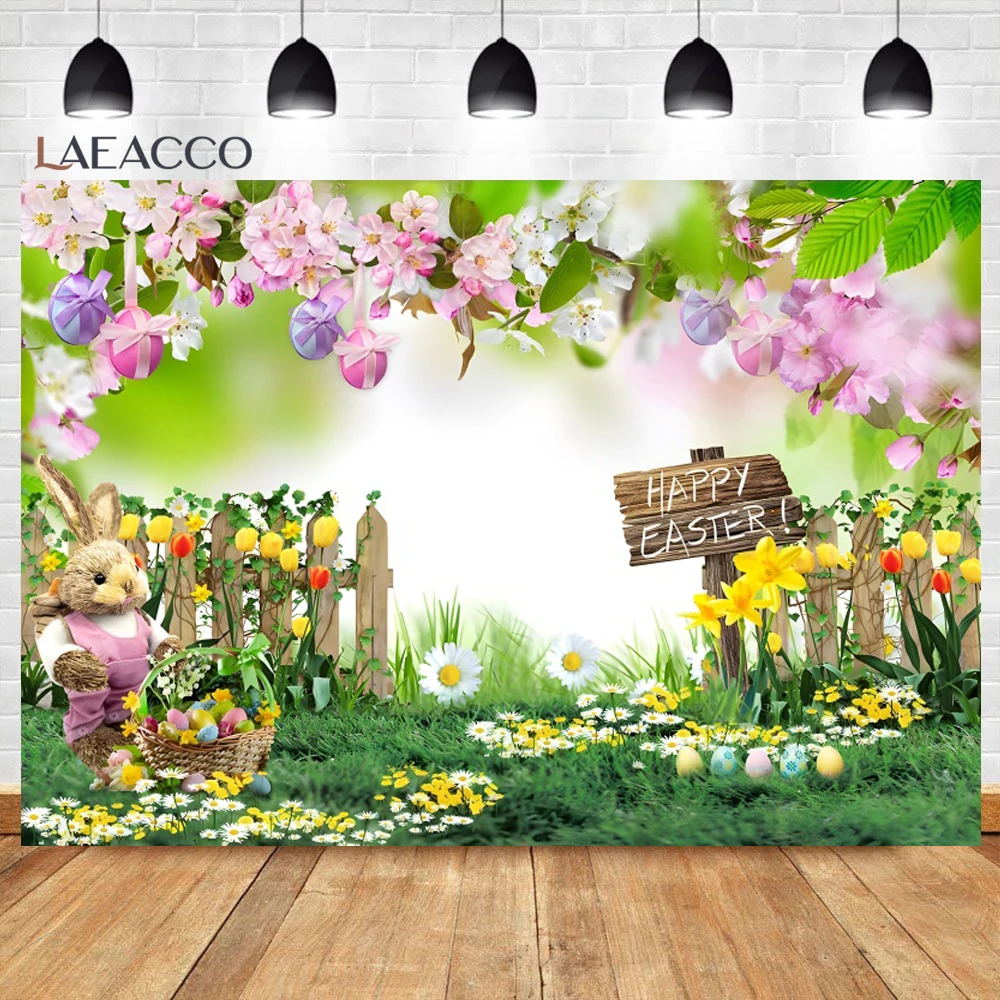 Spring Garden Easter Photography Backdrop Rabbit Flower Green Grass Easter Eggs Bunny Baby Portrait Photo Backgrounds Props