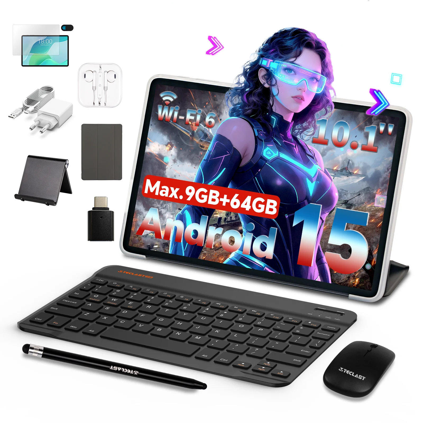 Teclast P33 Tablet Kit 10,1 inch Max. 9GB RAM 64GB ROM 1280x800 Android 15 Allwinner A333 Penta Core 6000mAh Wi-Fi 6 Type C