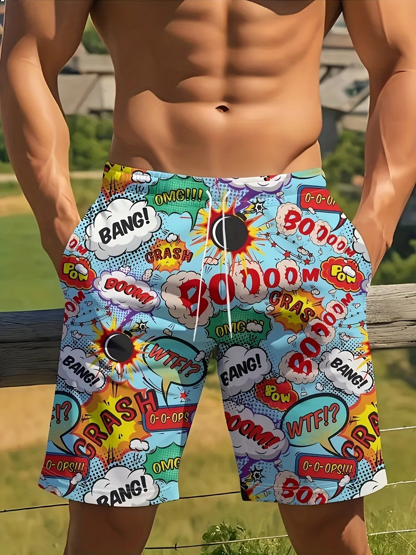 

Men's Summer Quick Dry Beach Shorts, Vibrant Pop Art Comic Explosion Bubble Print Drawstring Casual Board Shorts with Pockets
