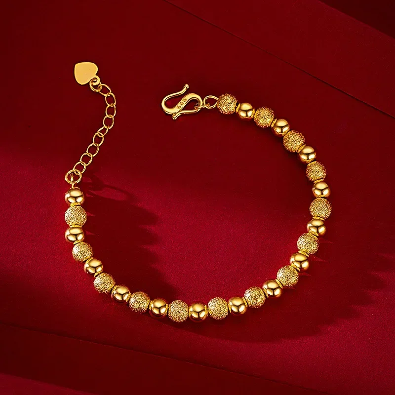 24K AU9999 Real Gold 6mm Frosted Round Beads Ladies Bracelet in Yellow Gold