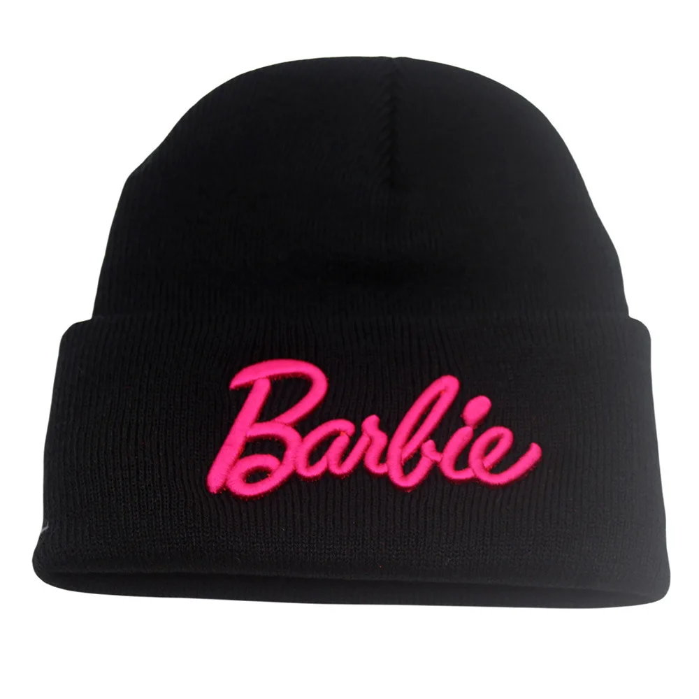 Cute Fashion Warm Barbie Letters Pink Knitted Hats Woolen Embroidered Girls Women Accessories Caps Winter Dress Up Outdoor Wear