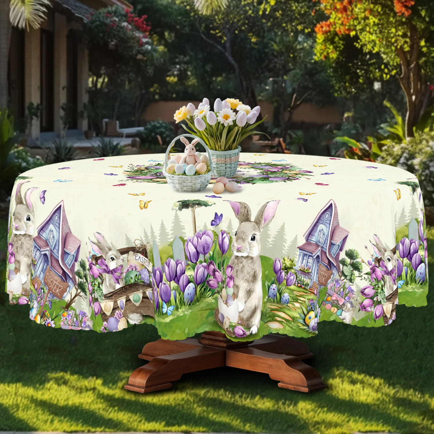 Cute Easter Bunny Themed Tablecloth, Fluffy Adorable Bunny with Romantic Purple Tulips, Colorful Eggs, Dancing Butterflies Print Pattern, Central Wreath of Tulips and Eggs Surrounding a Cute Bunny, Embossed Edges, Waterproof, Wrinkle-Resistant, Fade-Resistant, Suitable for Square and Round Home Kitchen Living Room Dining Table Balcony Coffee Table, Outdoor Seaside Picnic Tea Table Decoration, Perfect Gift Decoration Sj109
