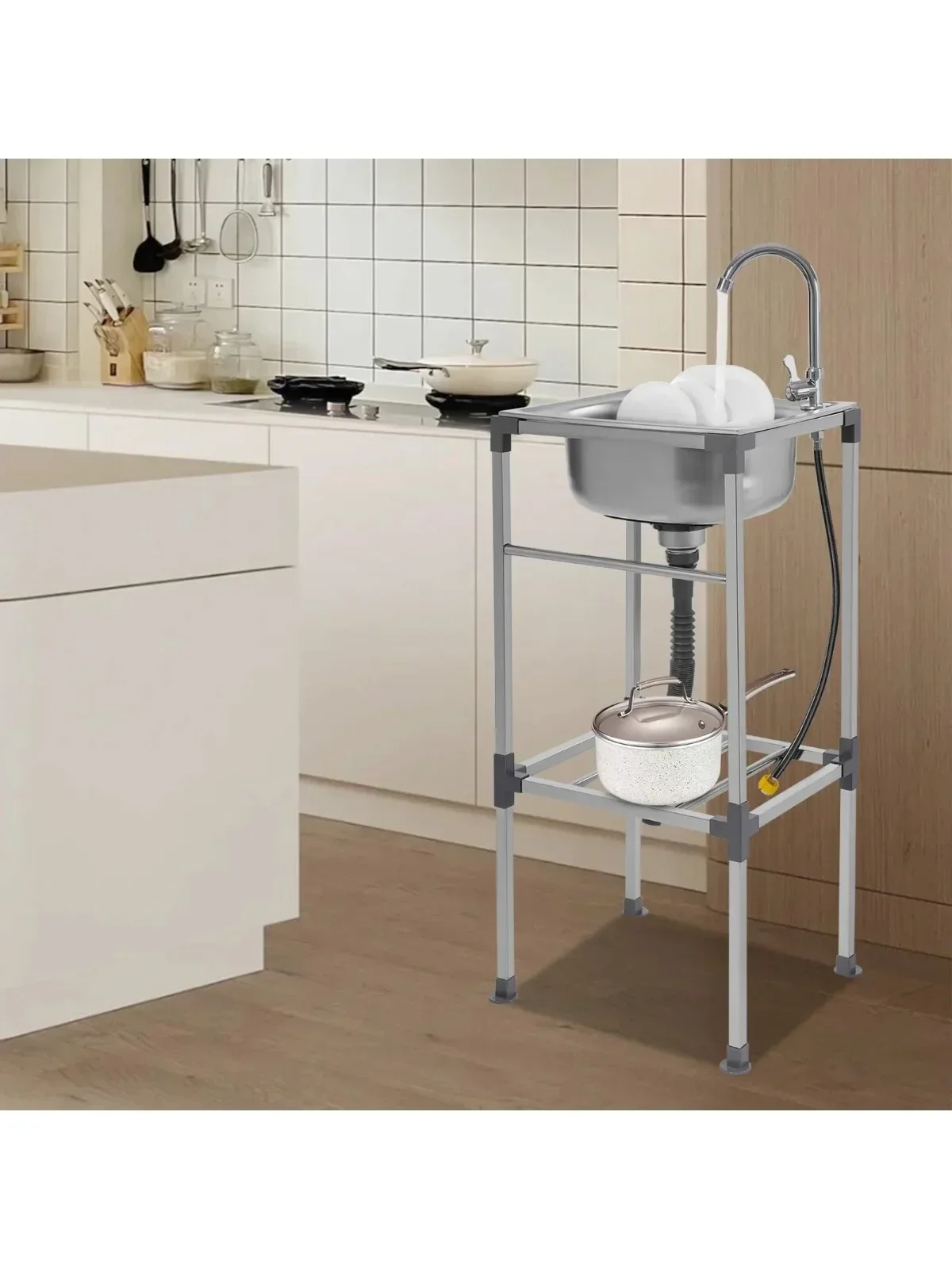 Zilveren aanrecht, vrijstaande roestvrijstalen spoelbak, gemakkelijk schoon te maken, hoge stabiliteit, eenvoudige installatie spoelbak - afbeelding 2