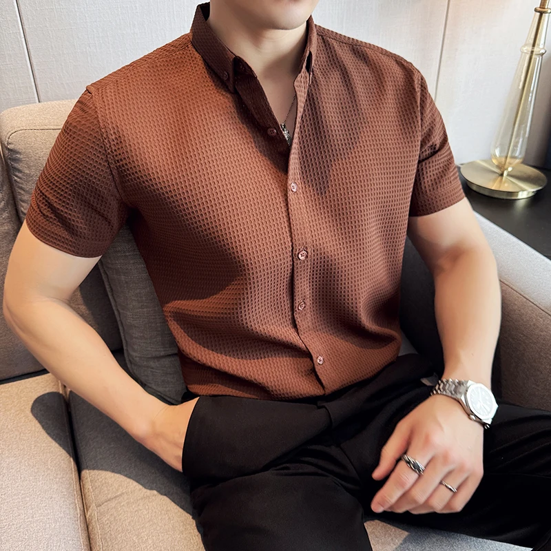 Thin Waffle Shirt, Non-Ironing Business Slim Shirt, Men\'s Short Sleeve Shirt Brown，Exquisite Business Short-Sleeved Shirt