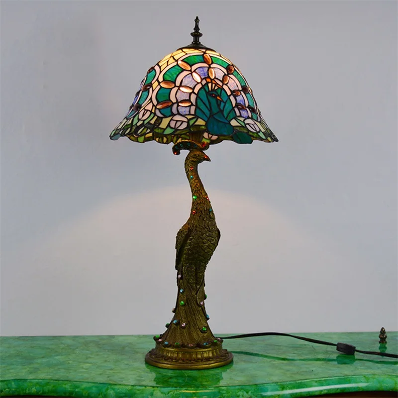 TEMAR Tiffany Table Lamp Peacock Contemporary Retro Creative Decoration LED Light For Home