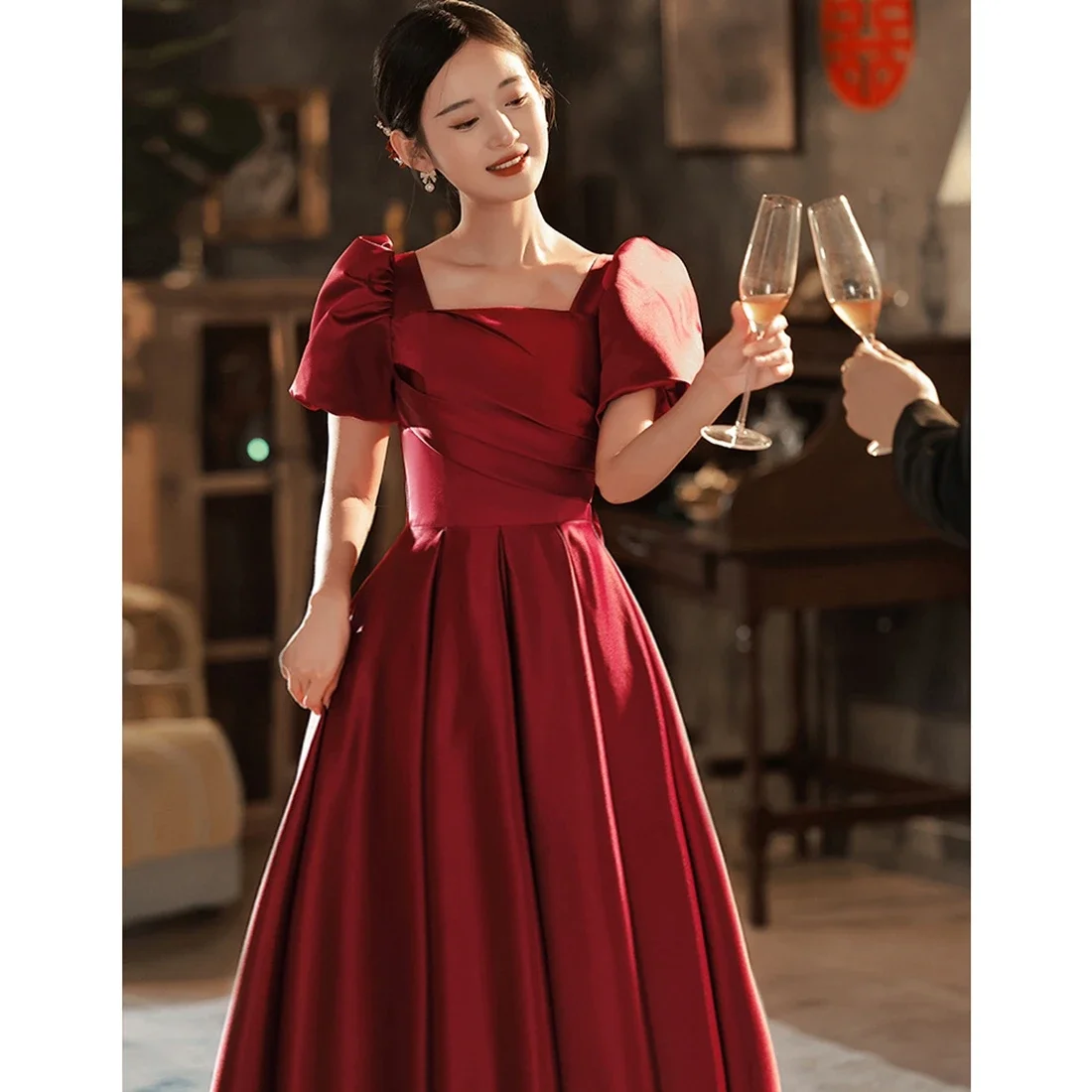 Elegant Satin Floor-Length Prom Dress with Pleated A-Line Skirt Customized