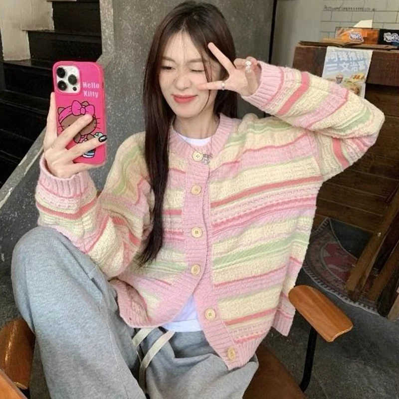 

Fall Striped Knit Cardigan Women Sweet Lazy Wind O Neck Long Sleeve Chic Sweater Korean Loose Casual All Match Fashion New Tops