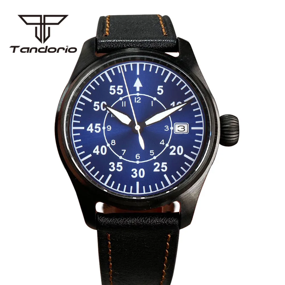 Tandorio PVD nero Pilot Aviator 39mm 20Bar Dive Men Orologio automatico NH35A Movimento Data Display Vetro zaffiro Grande corona a vite