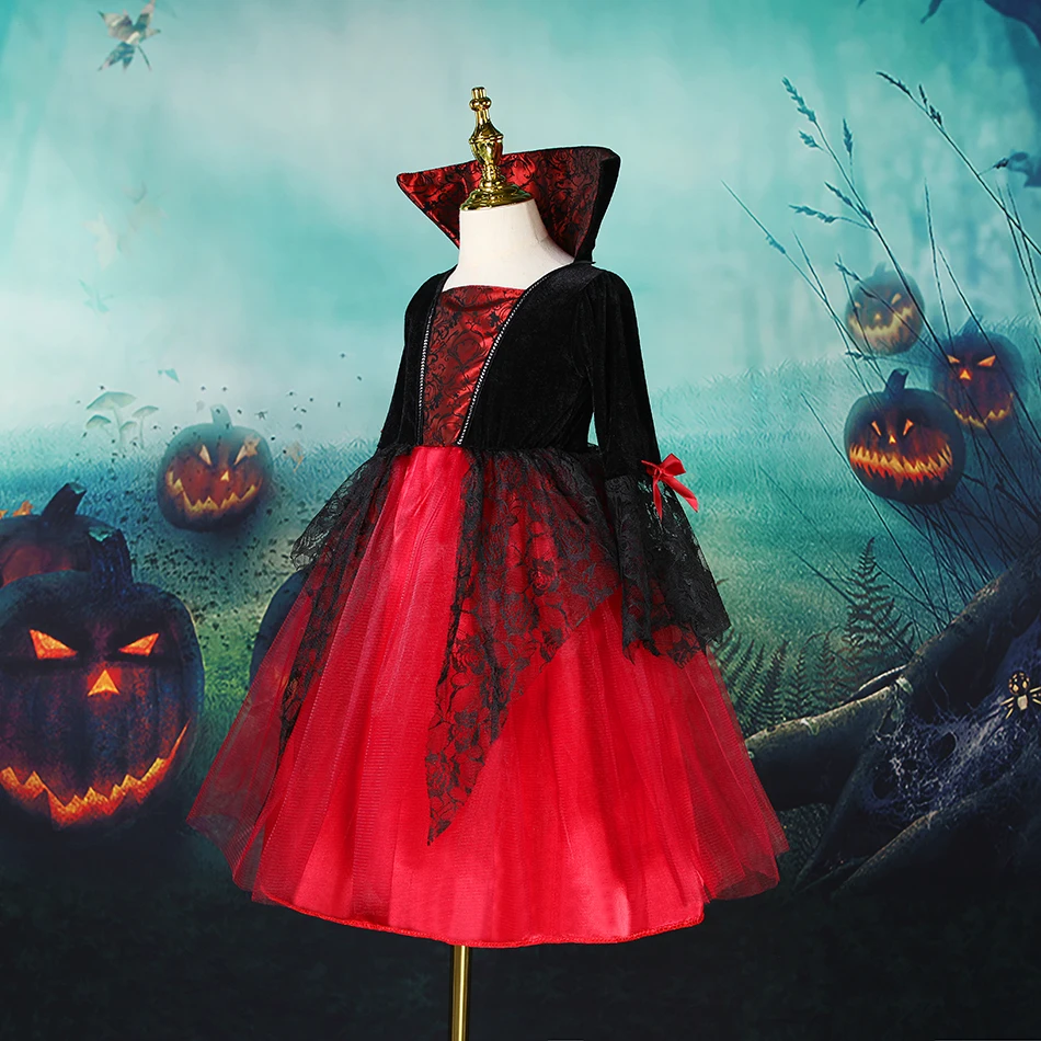 2025 Girls Cosplay Vampire Halloween Dress For Kids Ghost Bride Gothic Costume Count Vampiran Carnival Outfit Black Red Clothes image 3