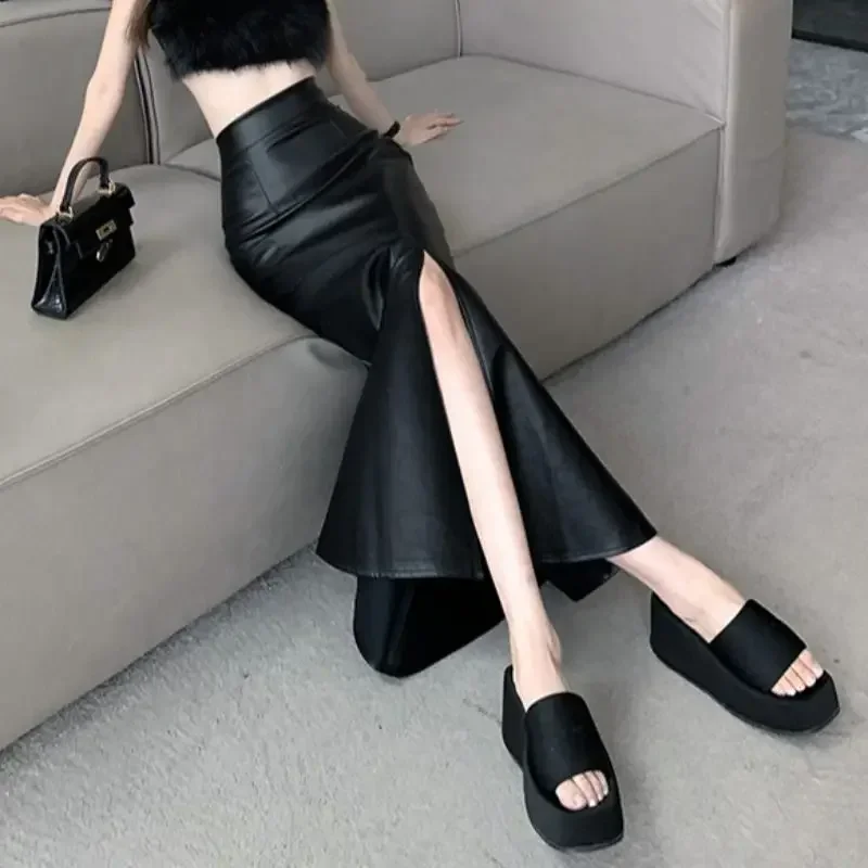 Women Sexy Matte Leather Stretch Fishtail Skirt Hem Split Ladies Vintage Hobble Skirt Party High Waist PU Midi Skirt Custom New