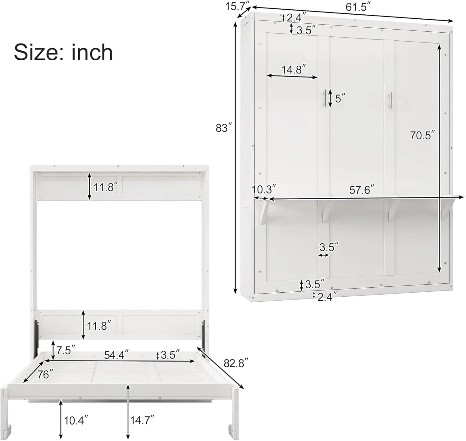 Modern Full Size Murphy Bed,61.5-Inch Cabinet Bed Folding Wall Bed With Desk Combo, Muti-Functional Designed For Guest Room,