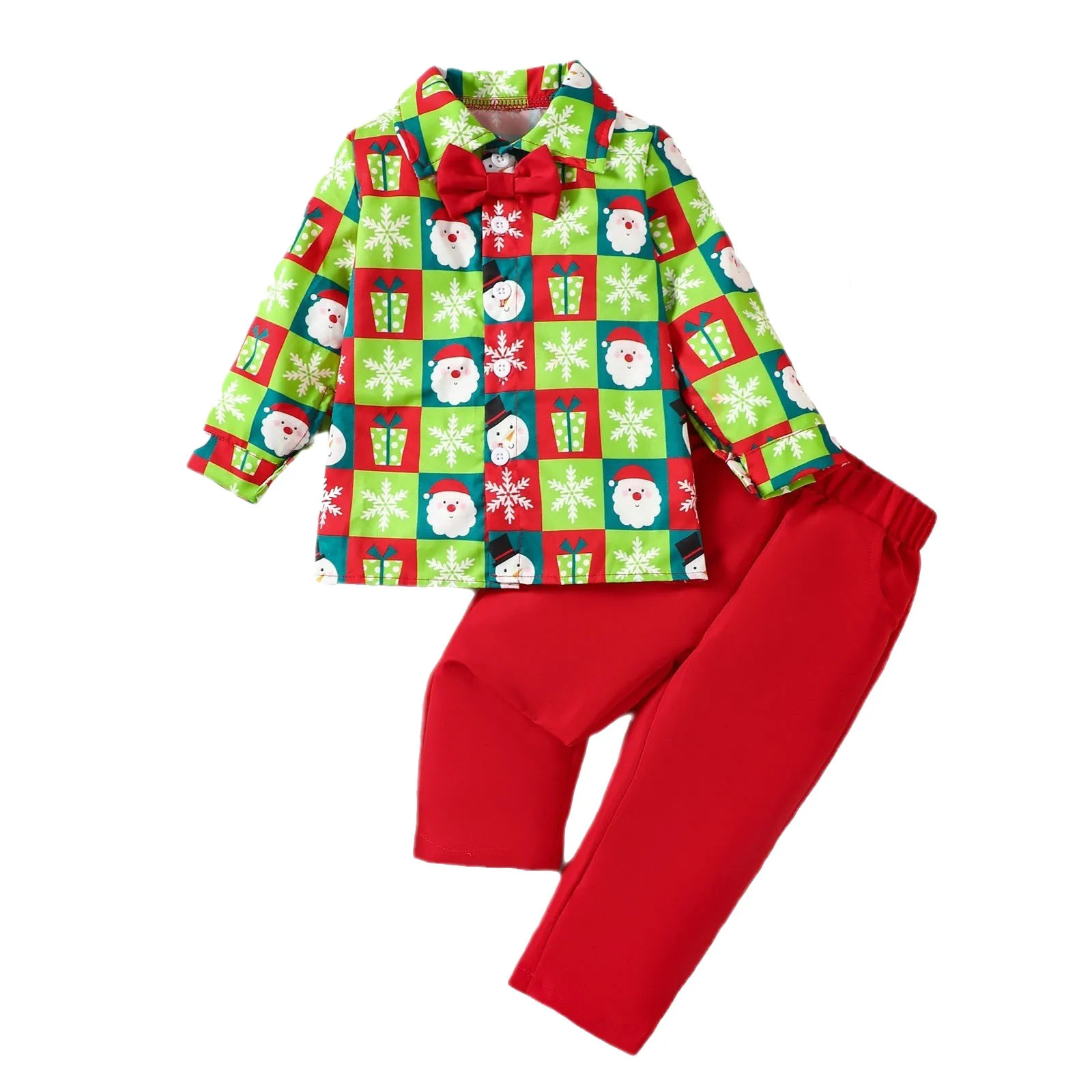 Christmas Autumn Costume 1-6 Years Toddler Boys Clothes Sets Long Sleeve Lapel Santa Claus Print Shirt Fashion Color Pants Sets