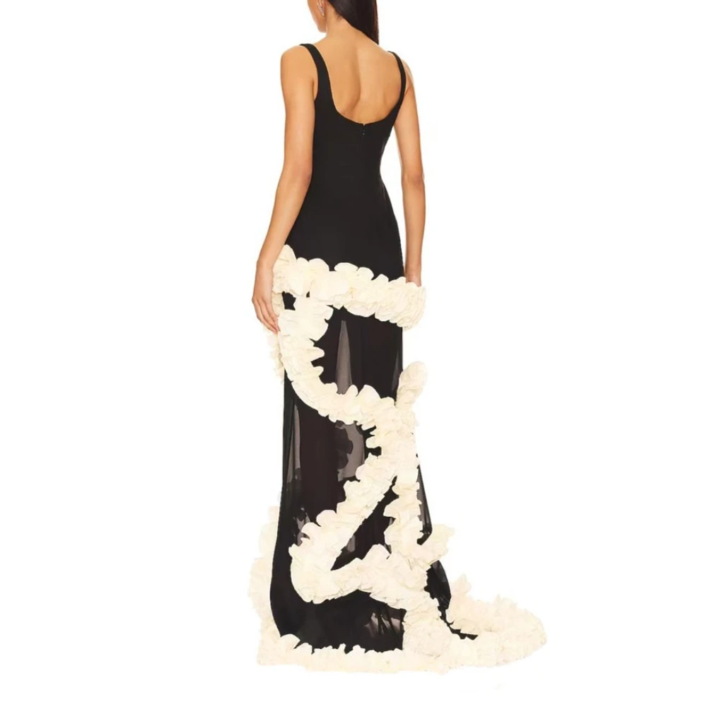 CHICEVER Chic Patcwork Fungus Evening Dress for Women Square Collar Sleeveless High Waist Sheer Mesh Floor Length Dresses Female