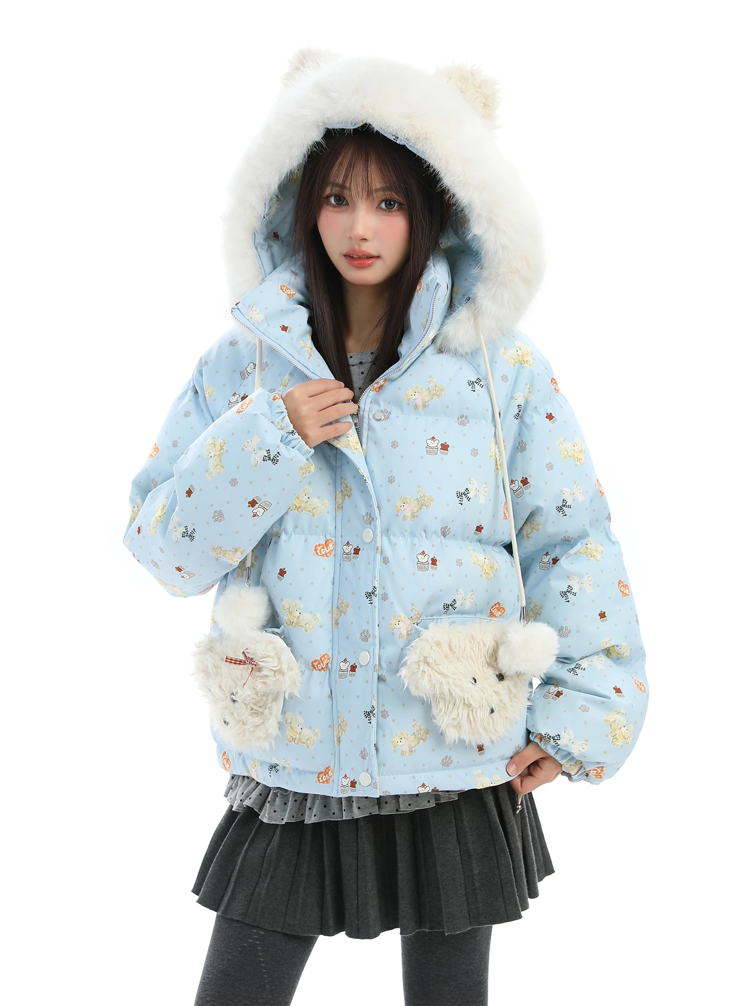 

Утепленная женская зимняя куртка с капюшоном и ушками медведя, хлопковая, с мультяшным принтом, на молнии, с длинными рукавами, повседневная, PTGINKIN