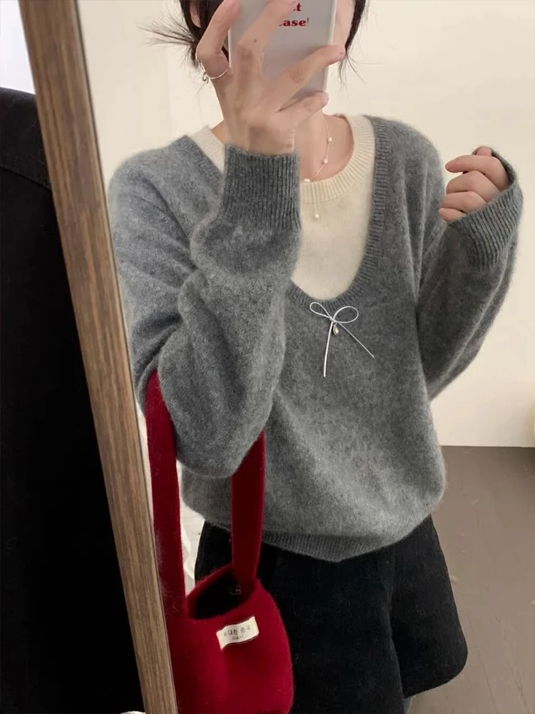 

2025 Women's Two-Piece Effect Knit Sweater Loose Gray Pullover with Layered Collar Fall Winter Casual Tops