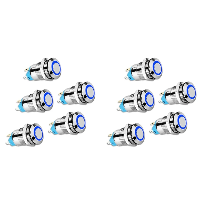 10PCS 12Mm Latching Push Button Switch High Round Cap, Waterproof Metal Push Button Switch With 12V/24V Blue Light