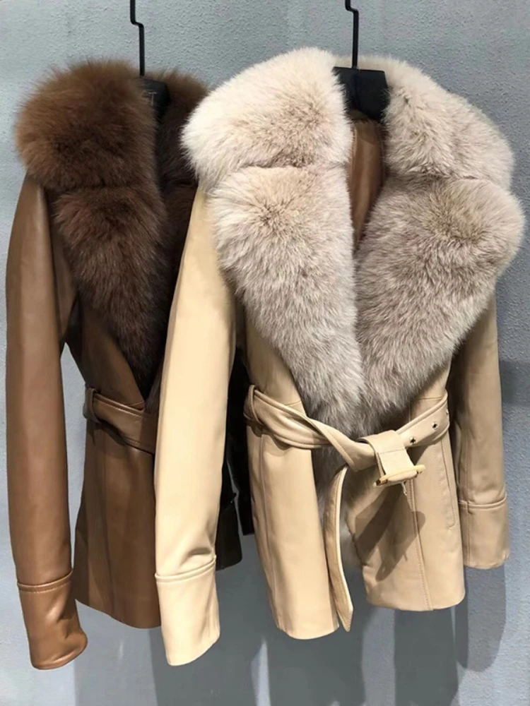 MENINA BONITA 2022 Real Fur Coat Winter Jacket Women Natural Fox Fur Collar Genuine Sheepskin Leather Belt Thick Warm Outerwear