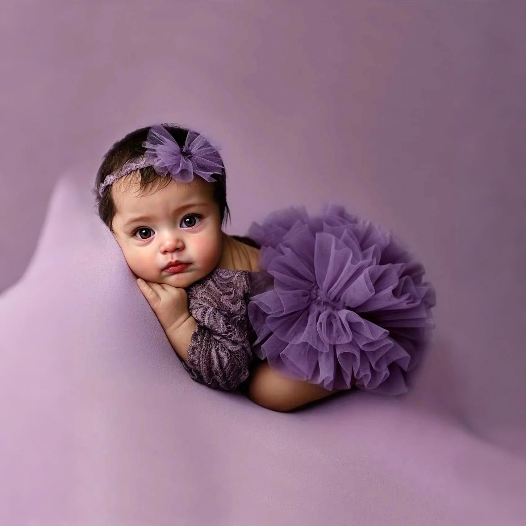 Ylsteed 2 Pieces Set Dusty Pink Newborn Lace Romper for Photo Shooting Fluffy Mesh Lace Photography Outfits with Headband