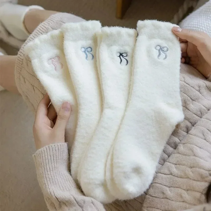 Cute Cat Cozy Hairy Mink Velvet Socks Autumn Winter Hosiery Thickened Embroidered Bow Plush Warm Sleep Home Fluffy Socks view 4