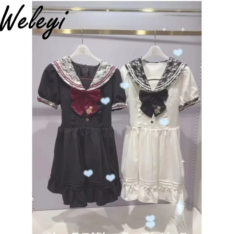 

Kawaii Uniform Sukienka Summer Dress Women 2024 New Sweet Lace Navy Collar Kleid Embroidered Bow Cute Elegant Princess Sukienki