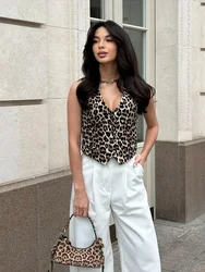 Bornladies Summer Women's Leopard Print Vest Fashionable Short Sleeveless Top 100% Cotton Chic Retro Office Lady V-Neck Vest