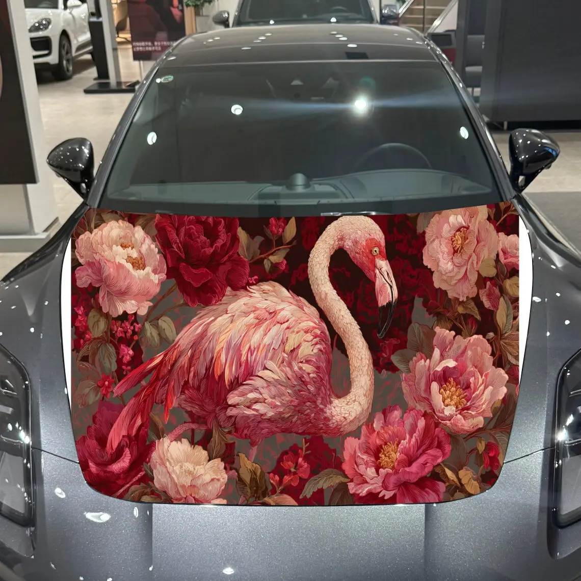 

Pink Peonies and Flamingos Car Hood Vinyl Stickers Car Surface Protection Decal Car Decoration Cover Vinyl Wraps Waterproof Self
