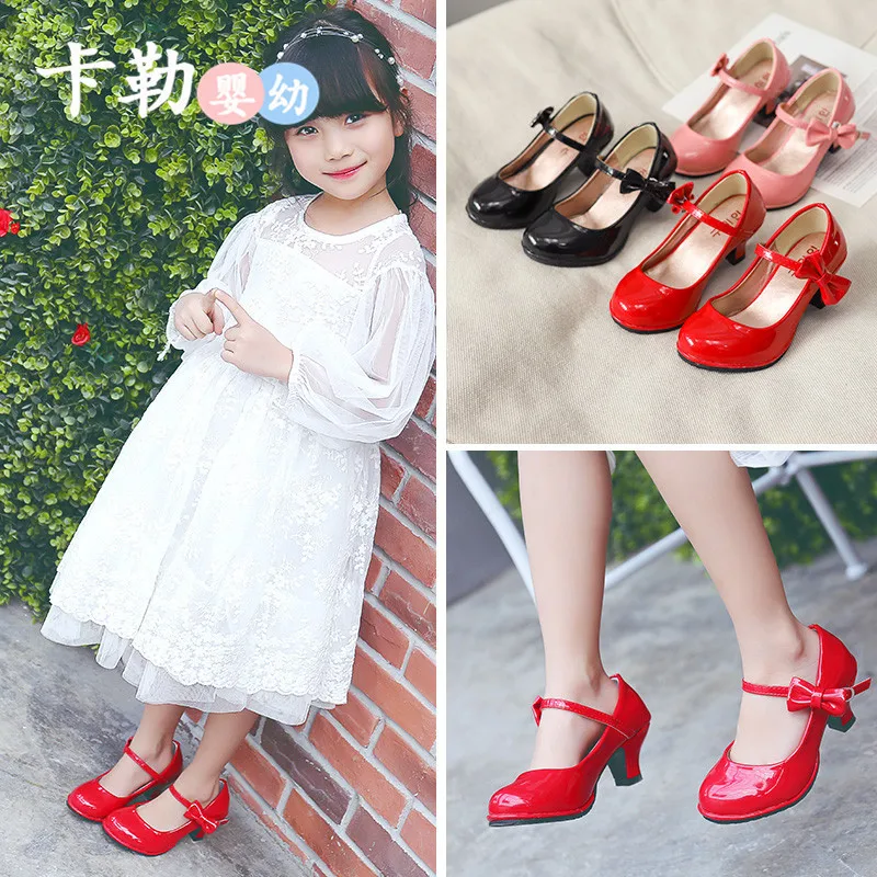 Girls Leather Shoes Autumn Bowtie Sandals 2023 New Children Shoes High Heels Princess Sweet Sandals For Girls Party Gift PU