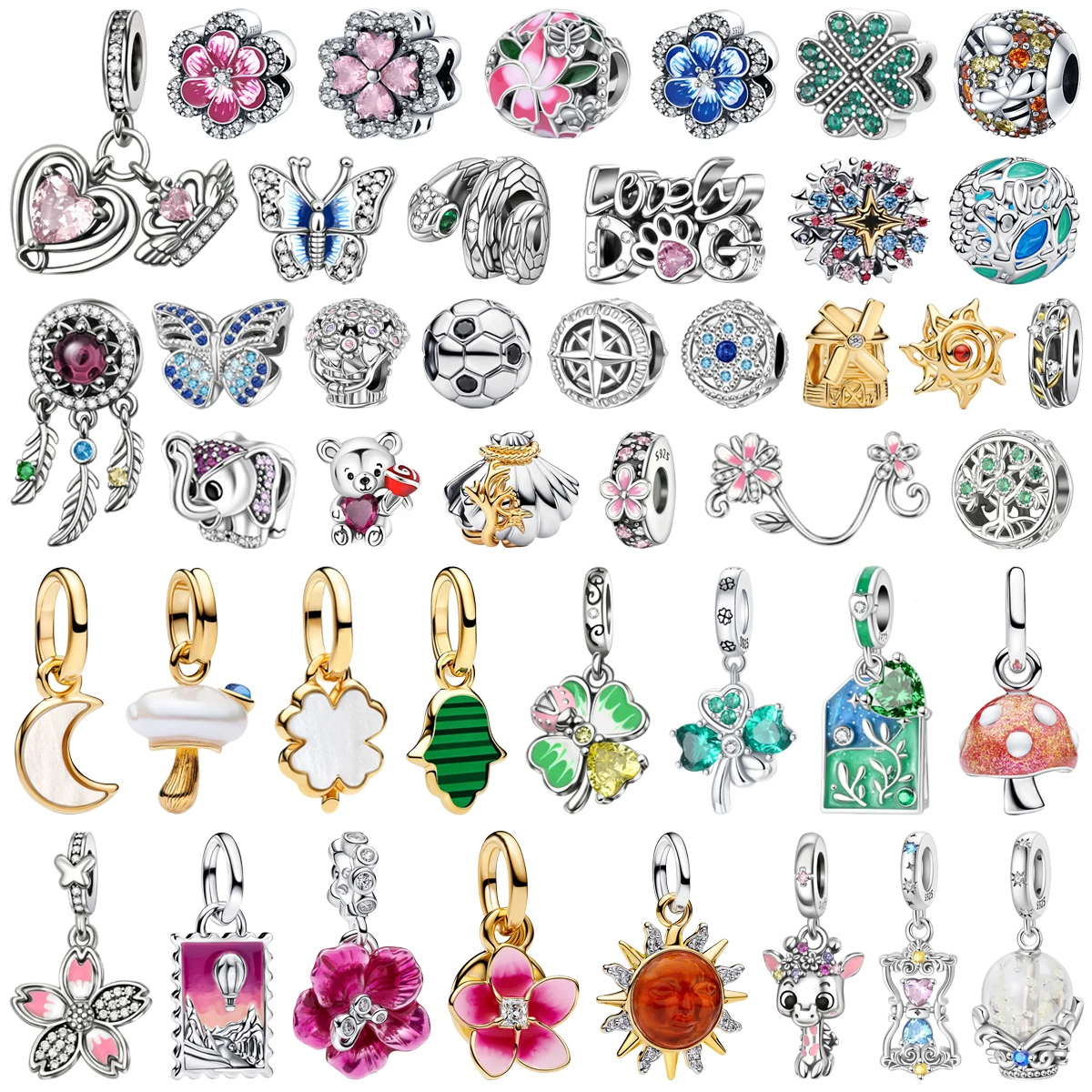 S925 Silver Brilliant Four Leaf Clover Flower Mushroom Butterfly Charms Bead Pendant Bracelets Necklaces Womens DIY Jewelry Gift