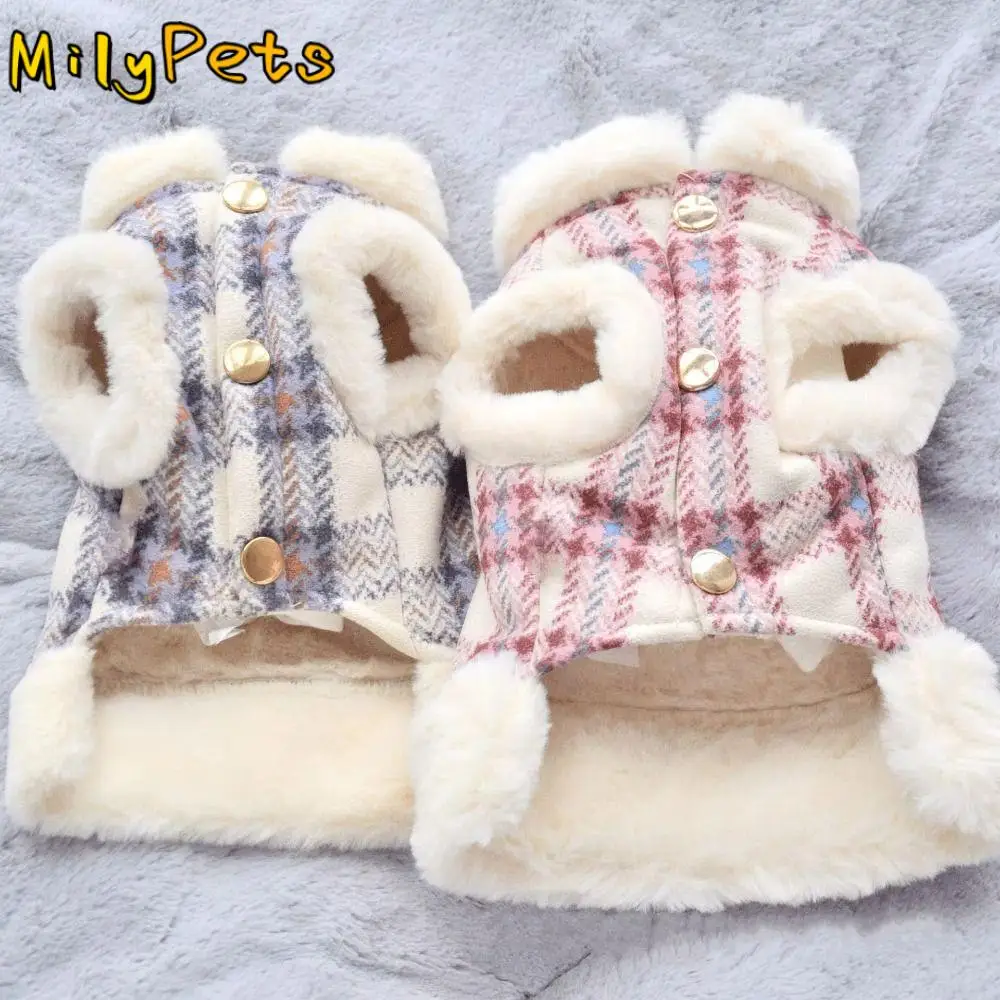 Warm Winter Warm Dog Jacket Thickened Fur Collar Puppy Coat Vest Harness Plaid Print Pet Clothes for Autumn and Winter