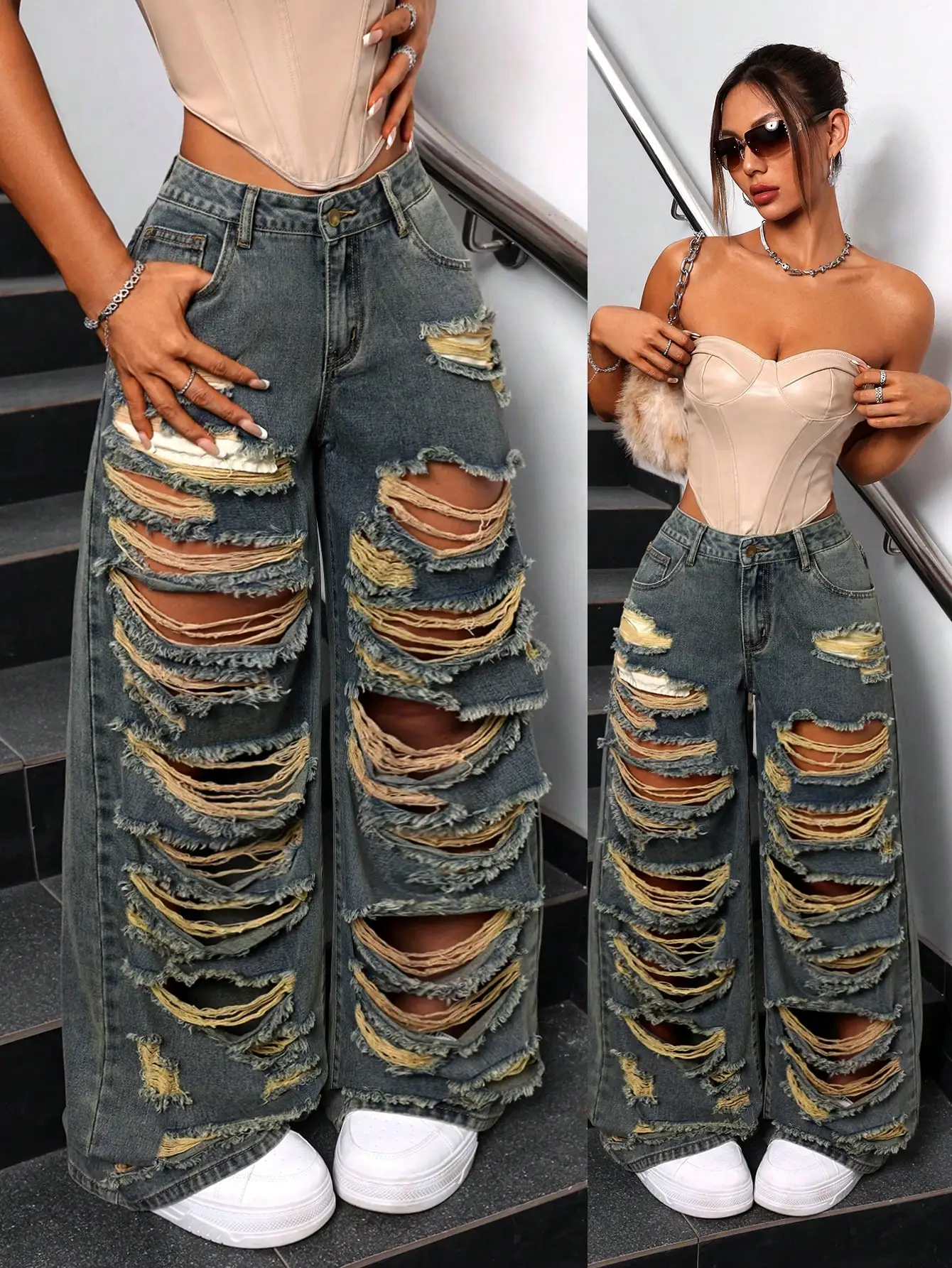 Women's Distressed Wide Leg Jeans with Ripped Details for Casual Streetwear