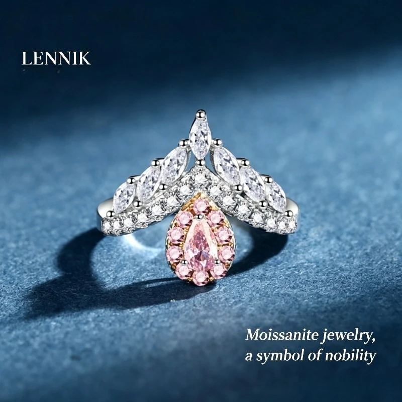 

LENNIK S925 Sterling Silver Pear Water Drop Pink Zircon Ring Light Luxury Fashion Ring for Women