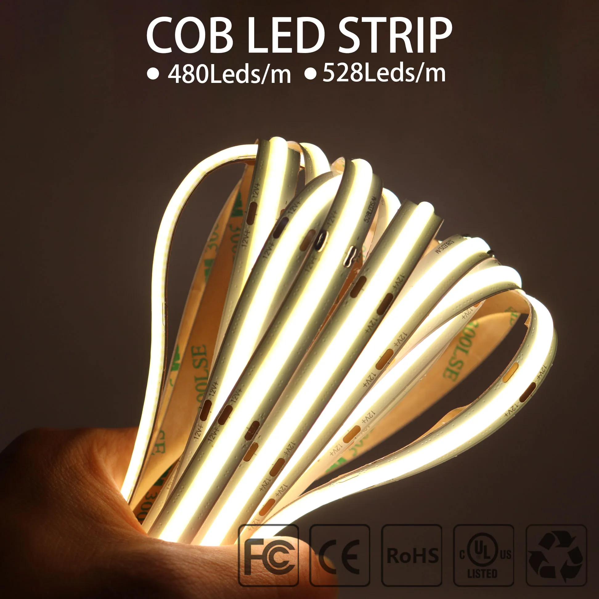 High Density COB Flexible LED Strip FCOB 480/528LEDs/m Led Lights Tape Warm/Nature/Cool White Linear Dimmable DC12V/24V