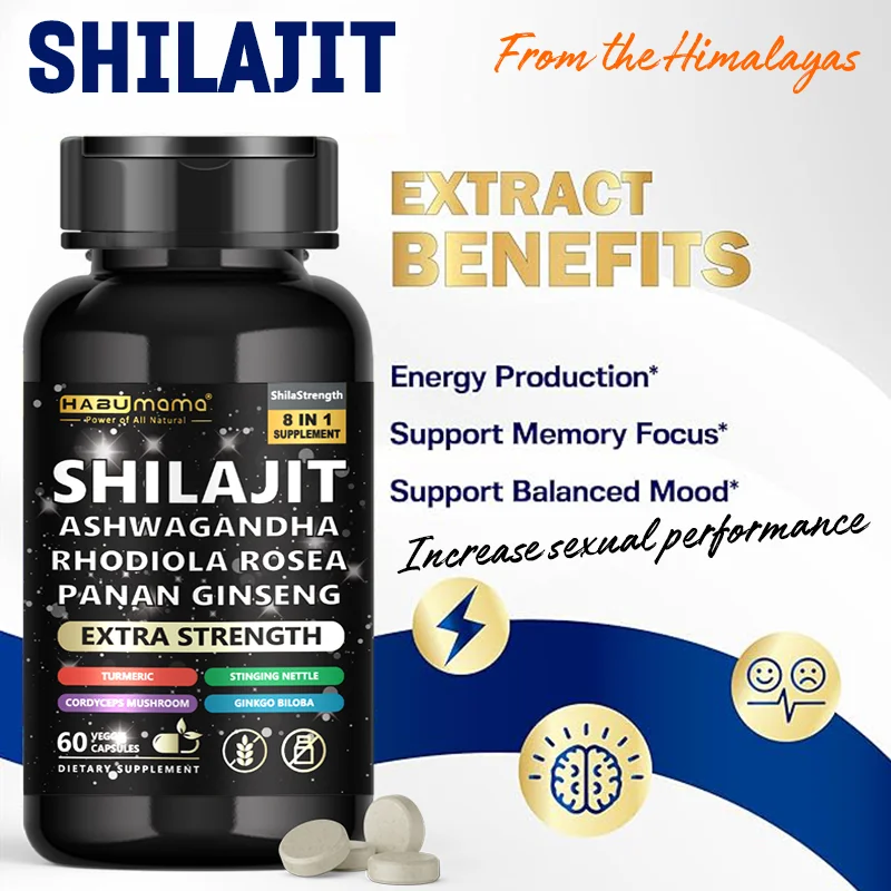 Natural Pure Ingredient 8 in 1 Shilajit, Ashwagandha, Panax Ginseng, Turmeric Capsules Supplement